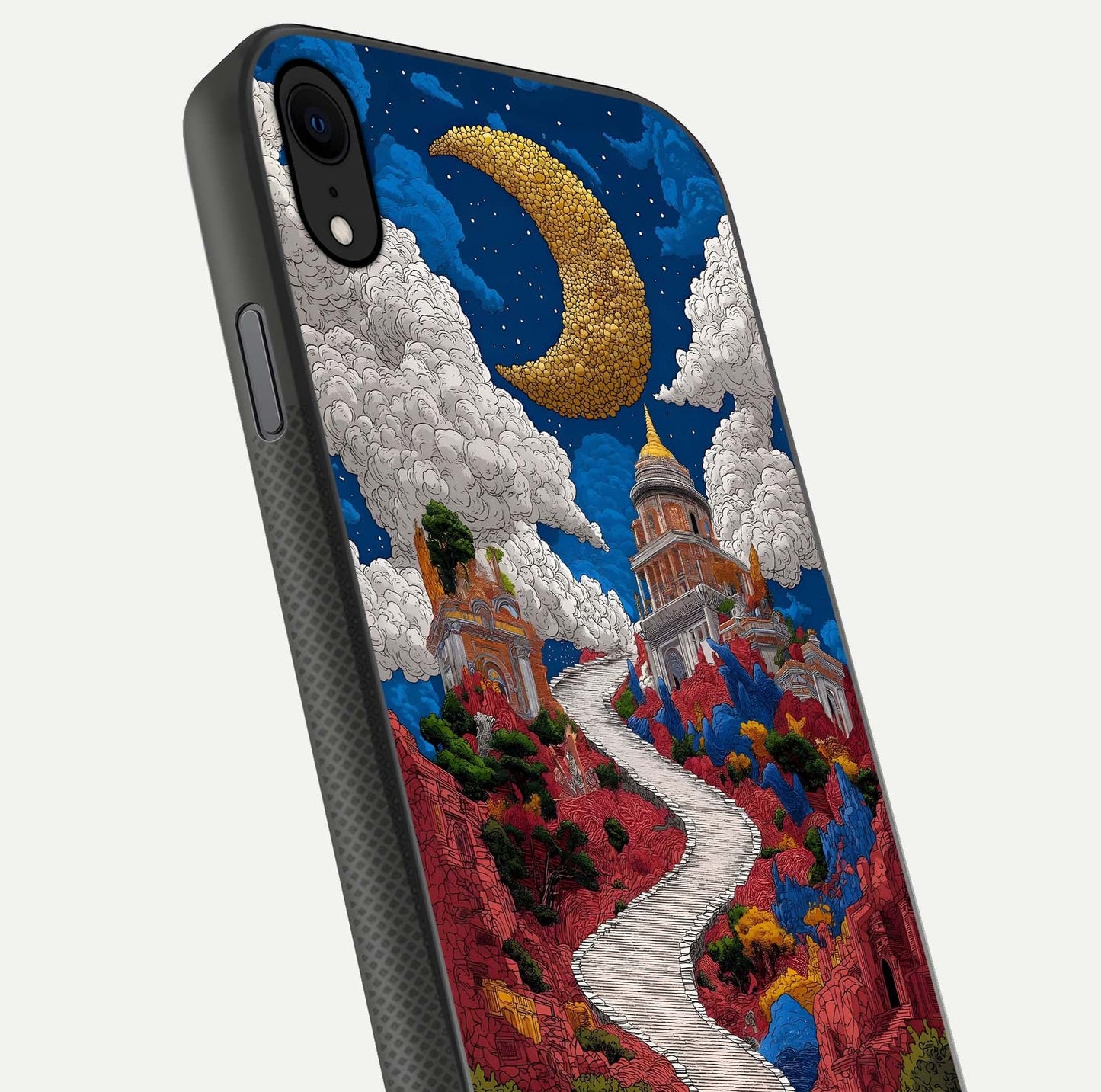 Heavenly Moon Path Glass Case for iPhone X close-up angled shot showing moon reflection and shimmer texture