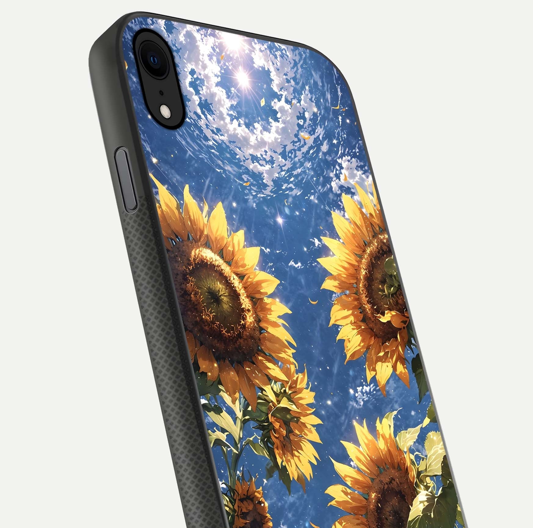 Heavenly Sunflower Rise Glass Case for iPhone X close-up angled shot showing sunflower texture and reflection polish