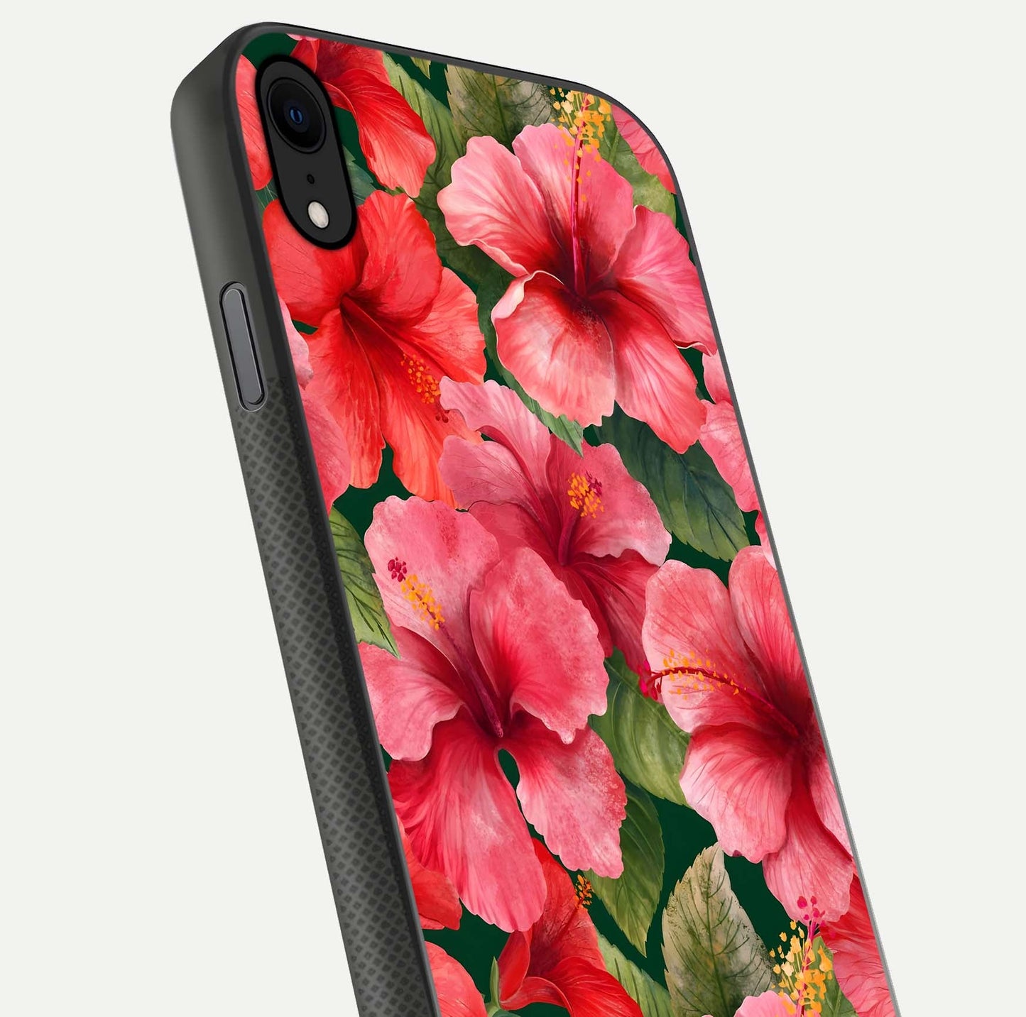 Hibiscus Pattern Glass Case for iPhone X close-up angled shot showing flower details and gloss reflection