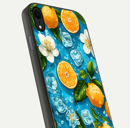 Ice Cube With Orange Glass Case for iPhone X close-up angled shot showing orange slices and ice reflections