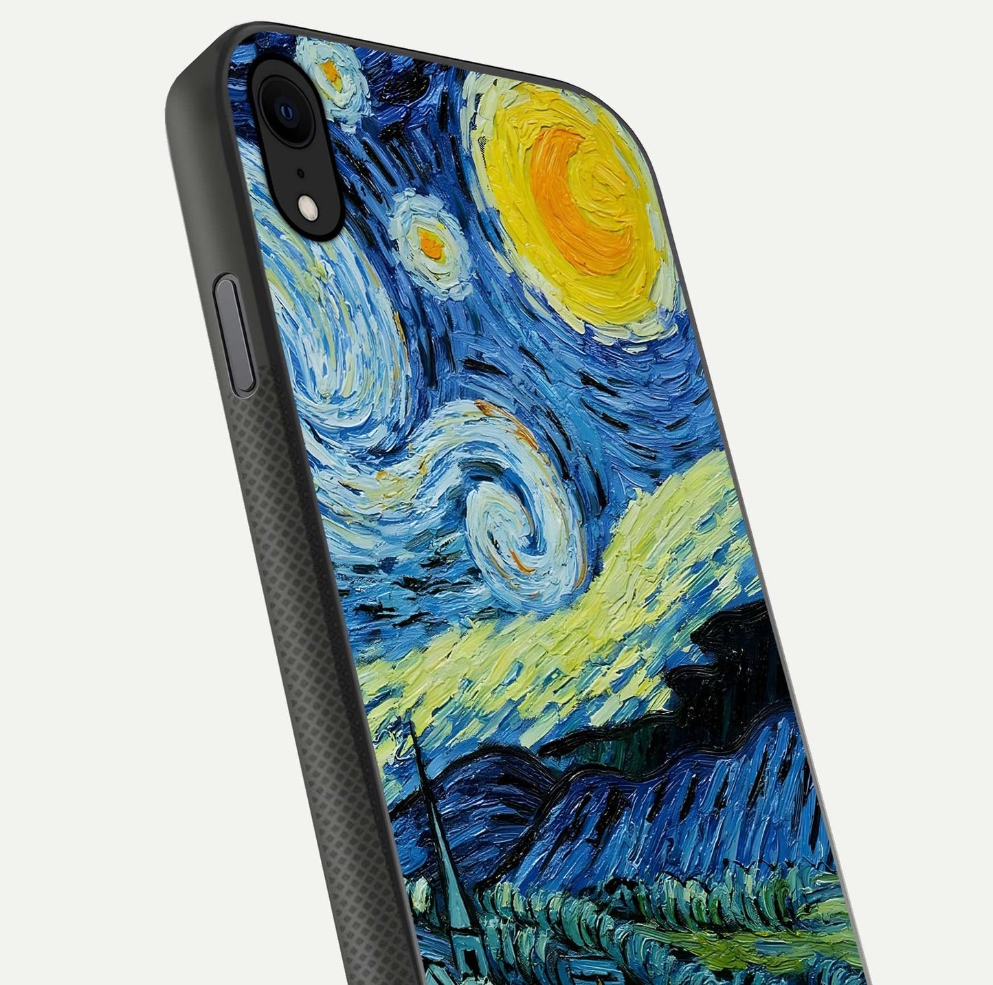 Inspired Van Gogh Art Glass Case for iPhone X close-up angled shot showing brushstroke texture and shine detail