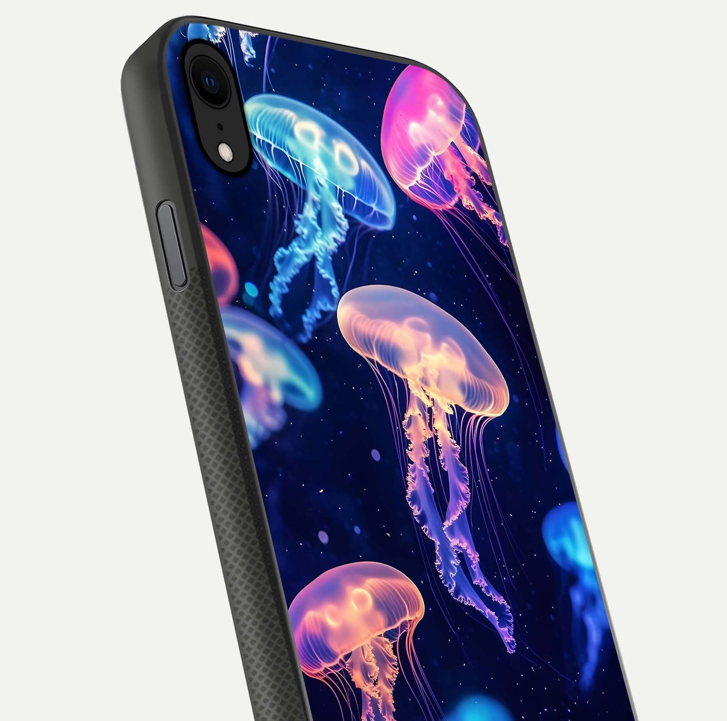 Jellyfish Pattern Glass Case for iPhone X close-up angled shot showing translucent tentacles and light reflection