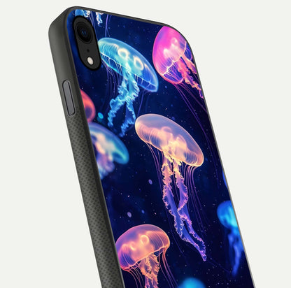 Jellyfish Pattern Glass Case for iPhone X close-up angled shot showing translucent tentacles and light reflection