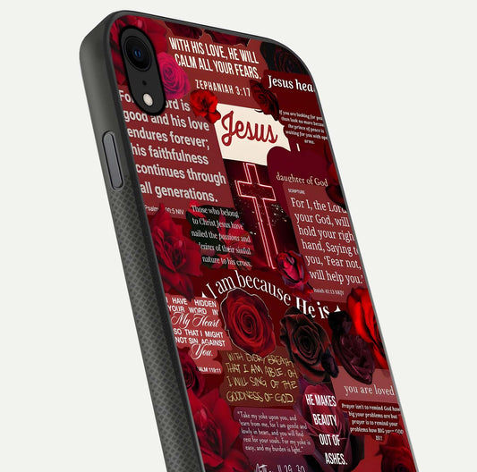 Jesus Love Heals Glass Case for iPhone X close-up angled shot showing healing text, cross detailing, and reflection