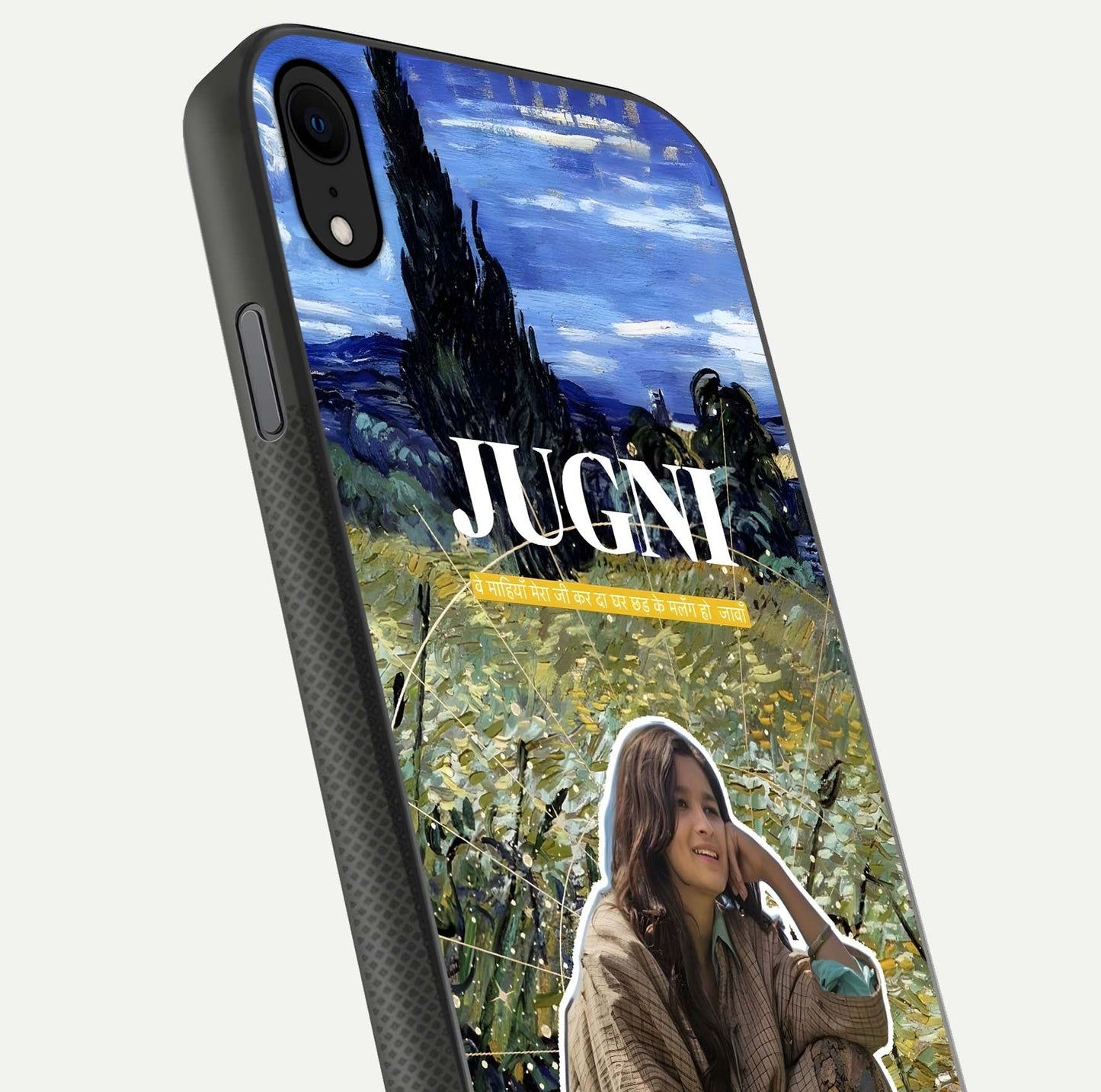 Jugni Soul Vibes Glass Case for iPhone X close-up angled shot showing typography detail and vibrant gloss reflection