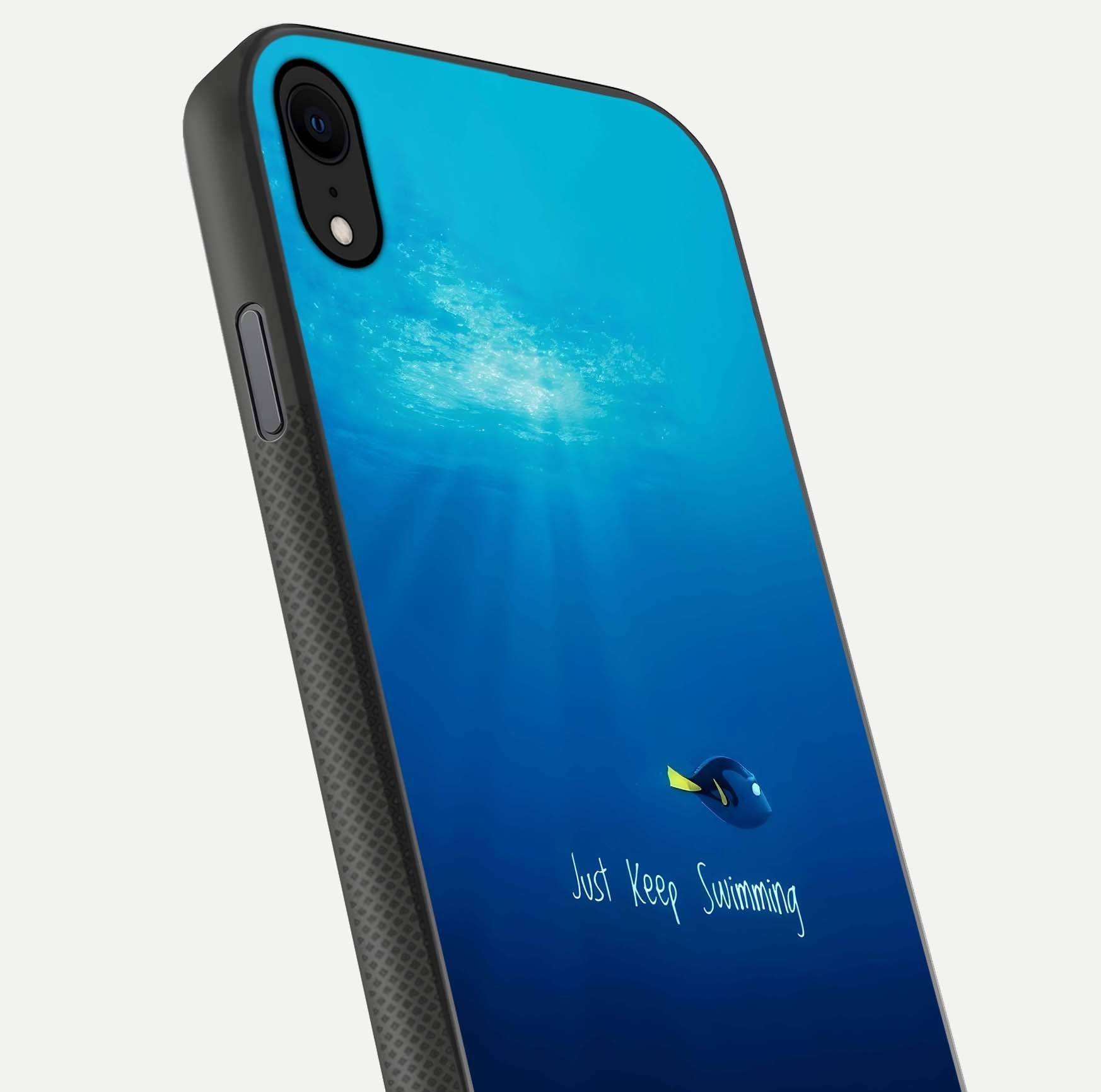 Just Keep Swimming Glass Case for iPhone X close-up angled shot showing elegant lettering and blue tone reflection