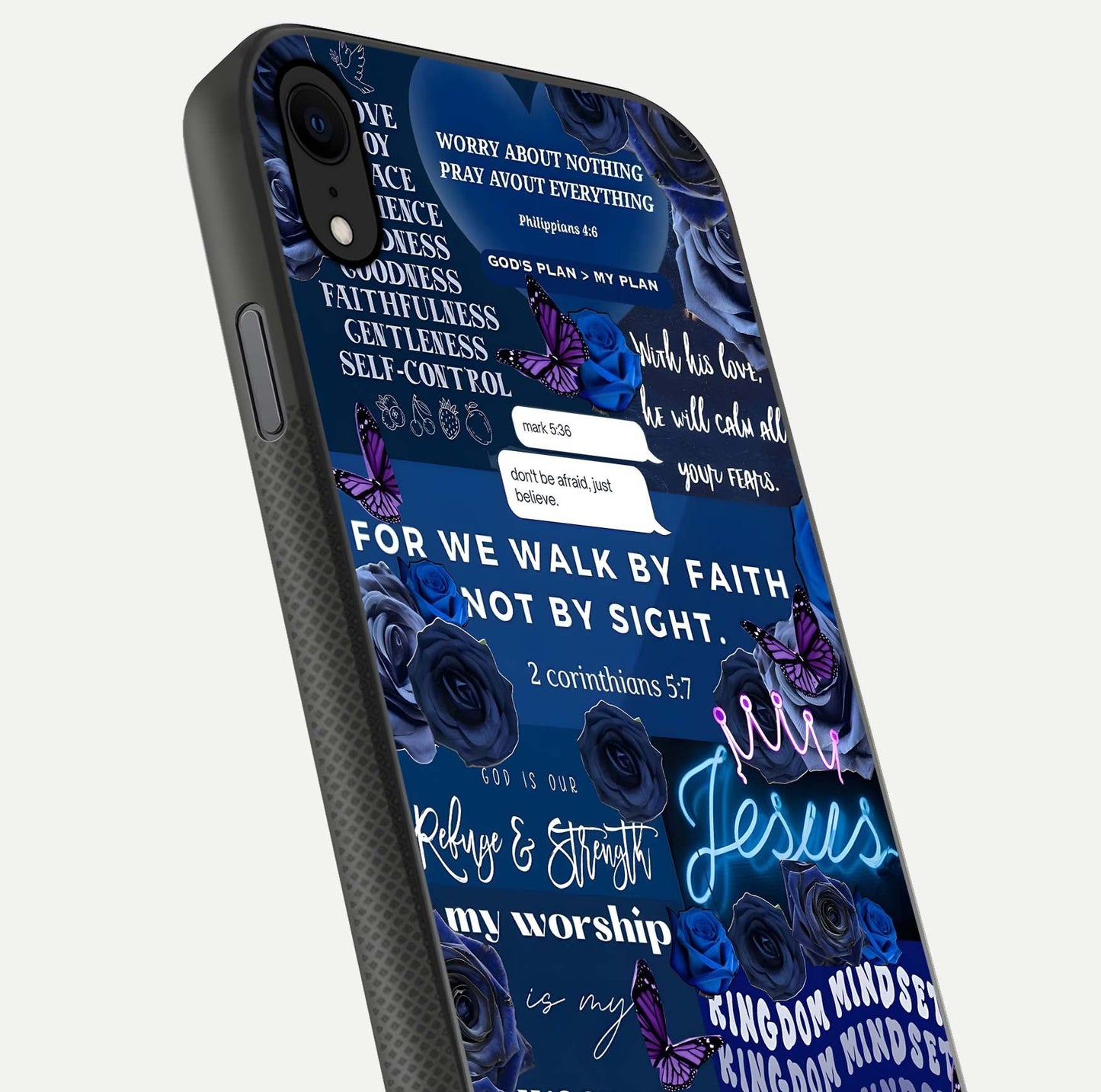 Kingdom Faith Glow Glass Case for iPhone X close-up angled shot showing luminous text and divine reflection