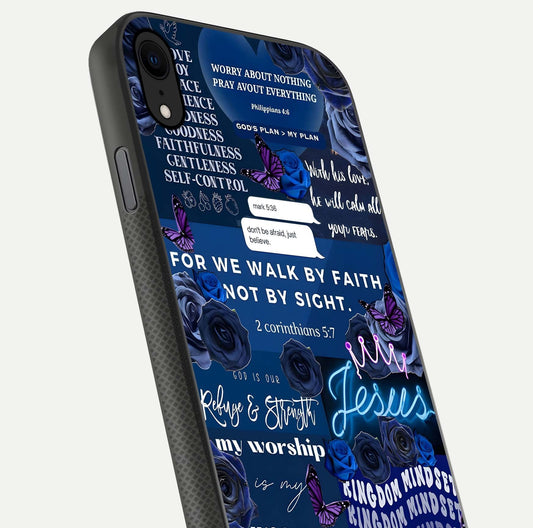 Kingdom Faith Glow Glass Case for iPhone X close-up angled shot showing luminous text and divine reflection