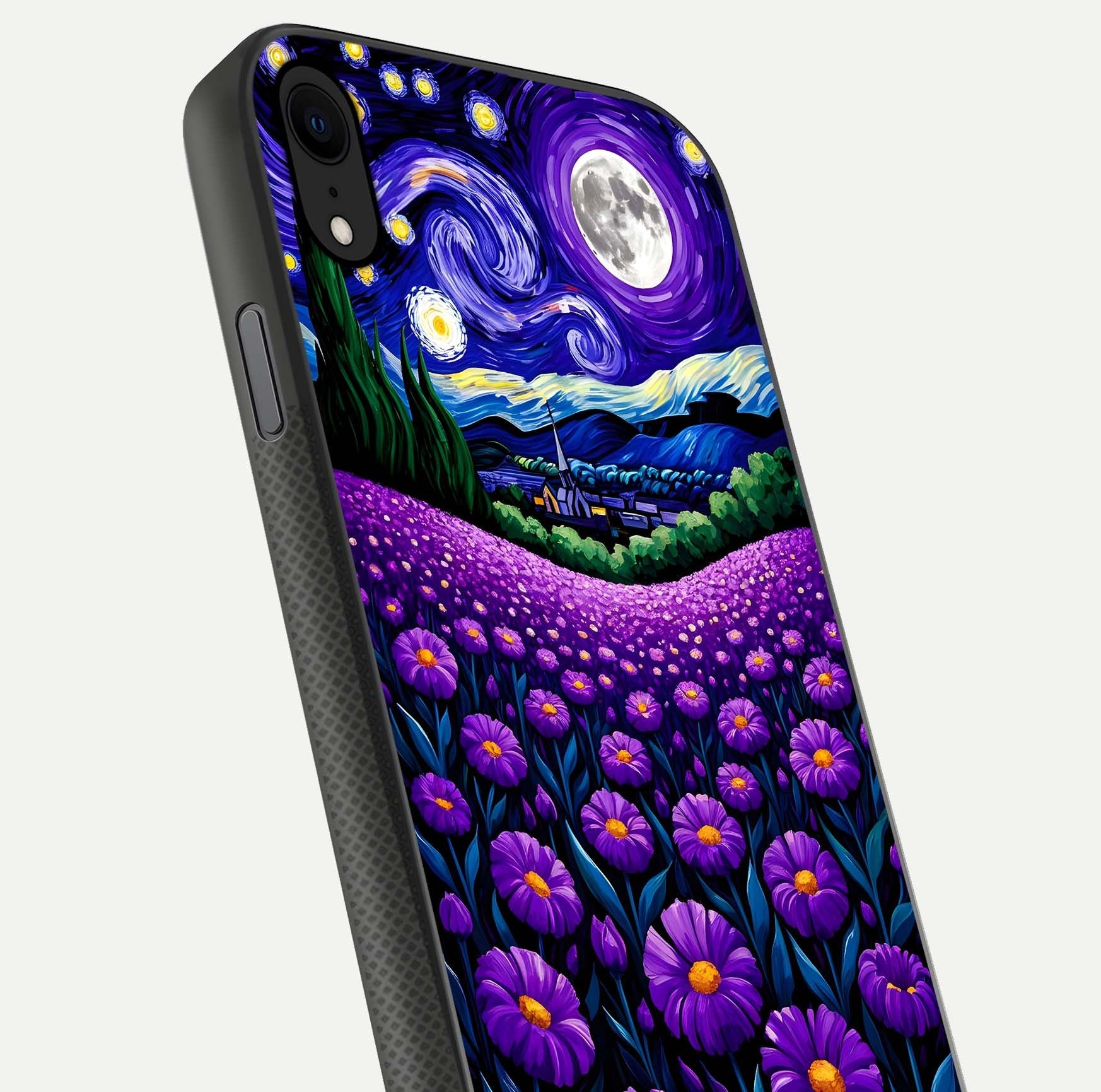 Lavender Moon Field Glass Case for iPhone X close-up angled shot showing moon glow and purple detailing