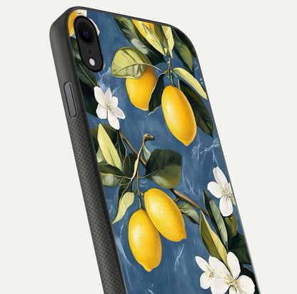 Lemon Dream Garden Glass Case for iPhone X close-up angled shot showing fruit details and shine reflection