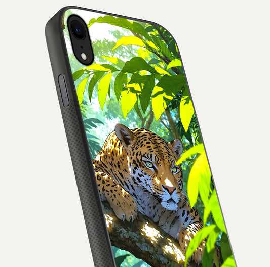 Leopard in Jungle Glass Case for iPhone X angled close-up showing fur texture and glossy shine reflection