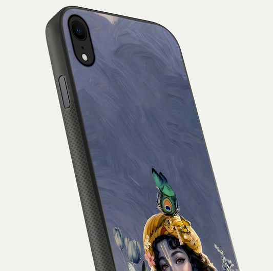 Lord Krishna Glass Case for iPhone X angled close-up showing intricate flute and reflection details