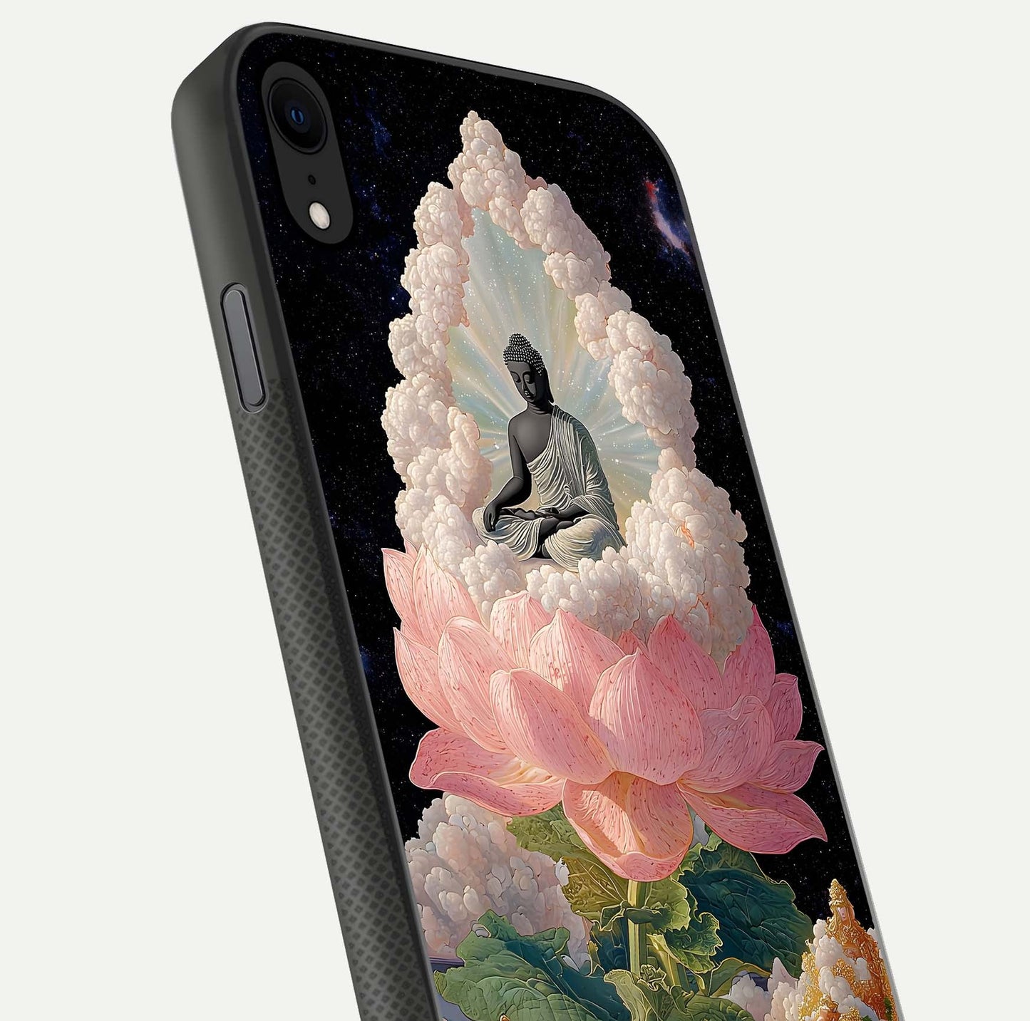 Lotus Divine Peace Glass Case for iPhone X angled close-up showing delicate petals and gloss reflection