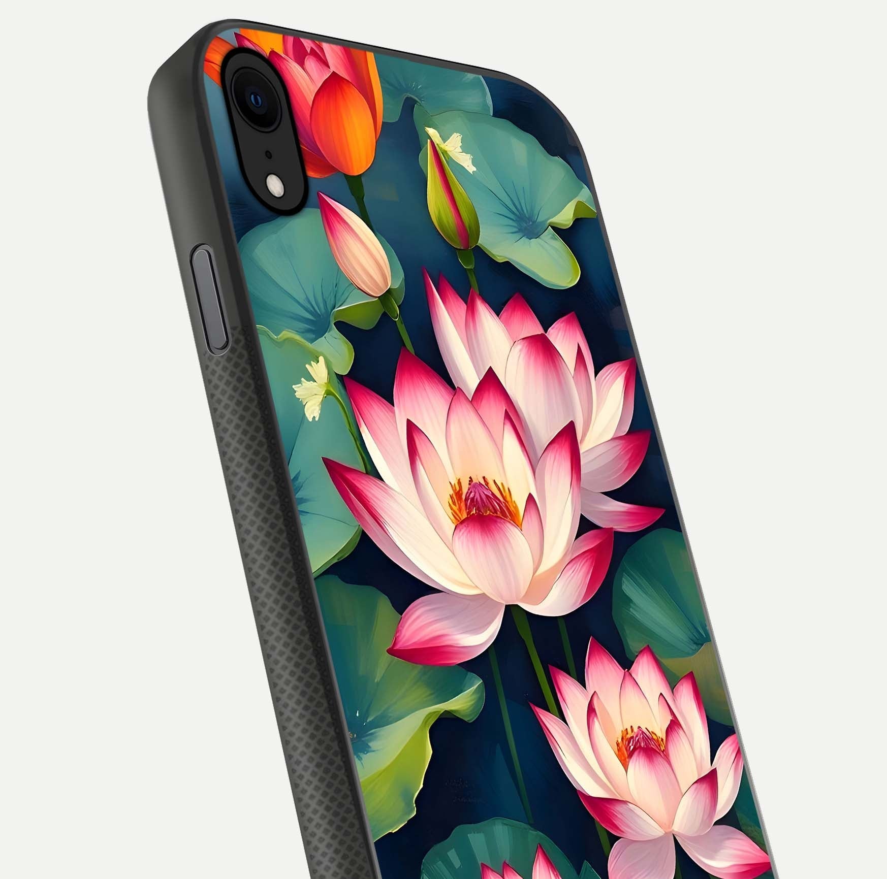 Lotus Dream Serenity Glass Case for iPhone X close-up angled shot showing floral details and soft shine