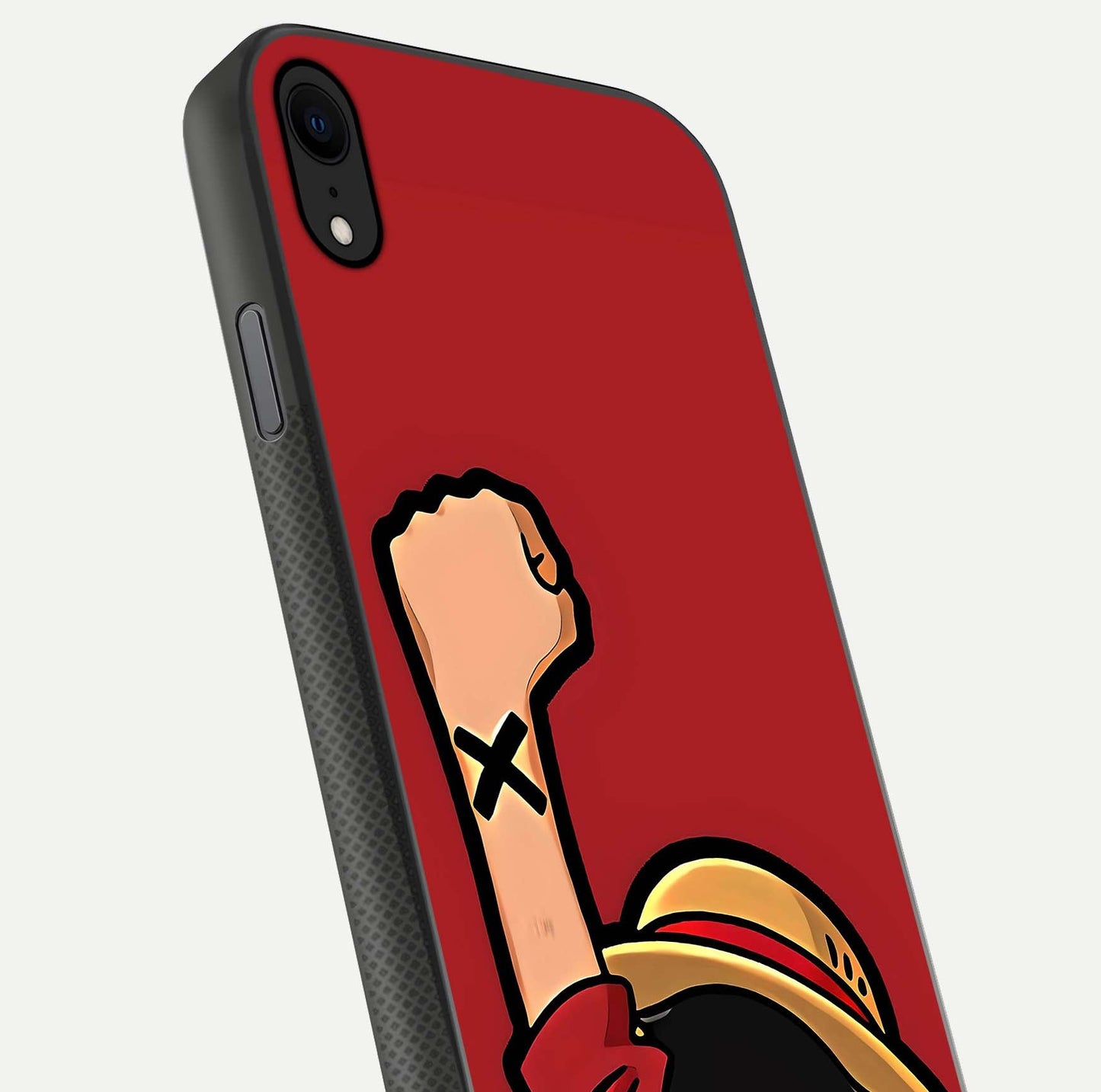 Luffy X Spirit Glass Case for iPhone X close-up angled shot showing character detailing and gloss texture