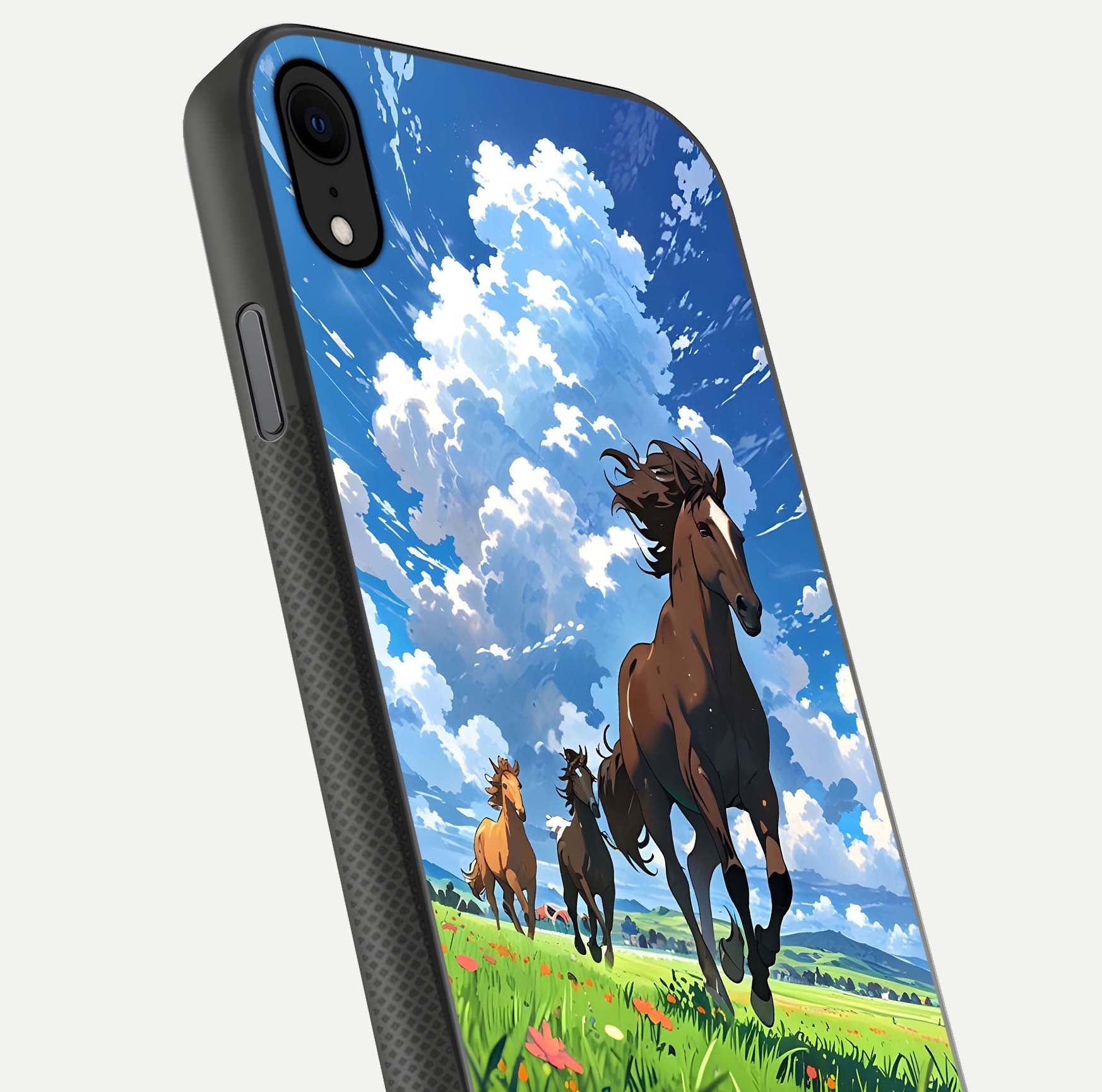 Majestic Horses Galloping Glass Case for iPhone X close-up angled shot showing horse motion and reflection