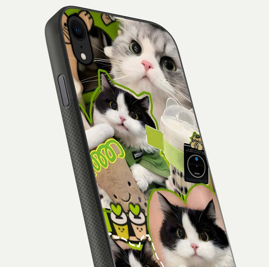 Matcha Cats Mood Glass Case for iPhone X close-up angled shot showing adorable cat art and reflection detail