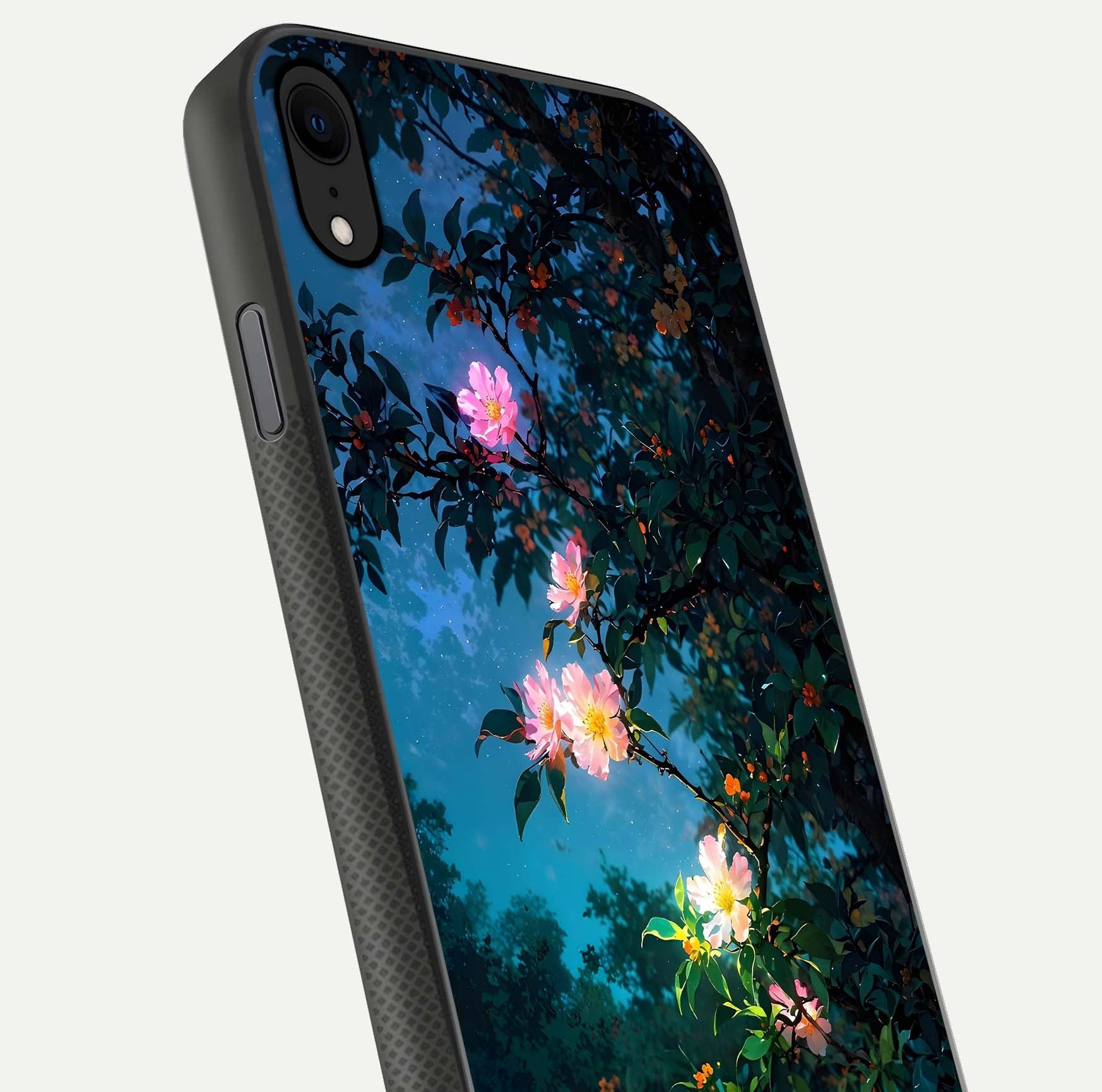 Midnight Bloom Glow Glass Case for iPhone X close-up angled shot showing petal highlights and glow reflection