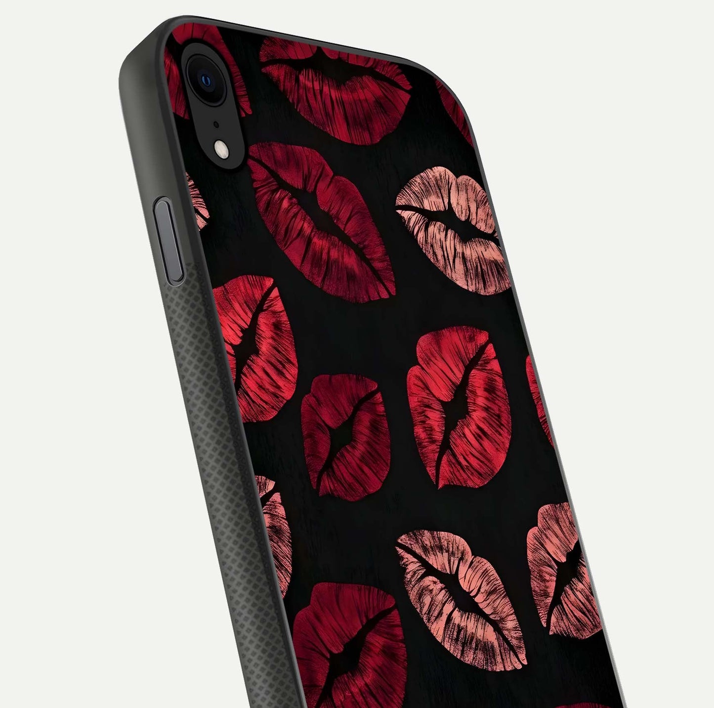 Midnight Kiss Love Glass Case for iPhone X close-up angle highlighting red accents and reflection shine