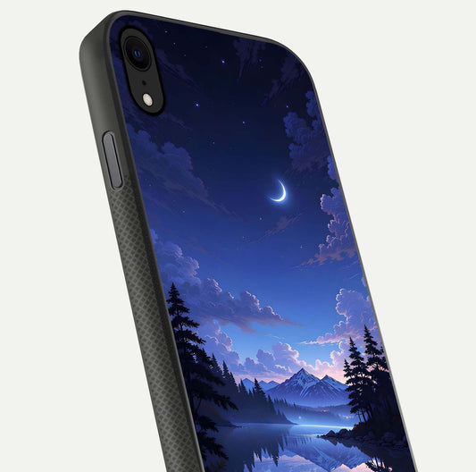 Midnight Lake Peace Glass Case for iPhone X close-up angled shot showing blue night tones and reflection