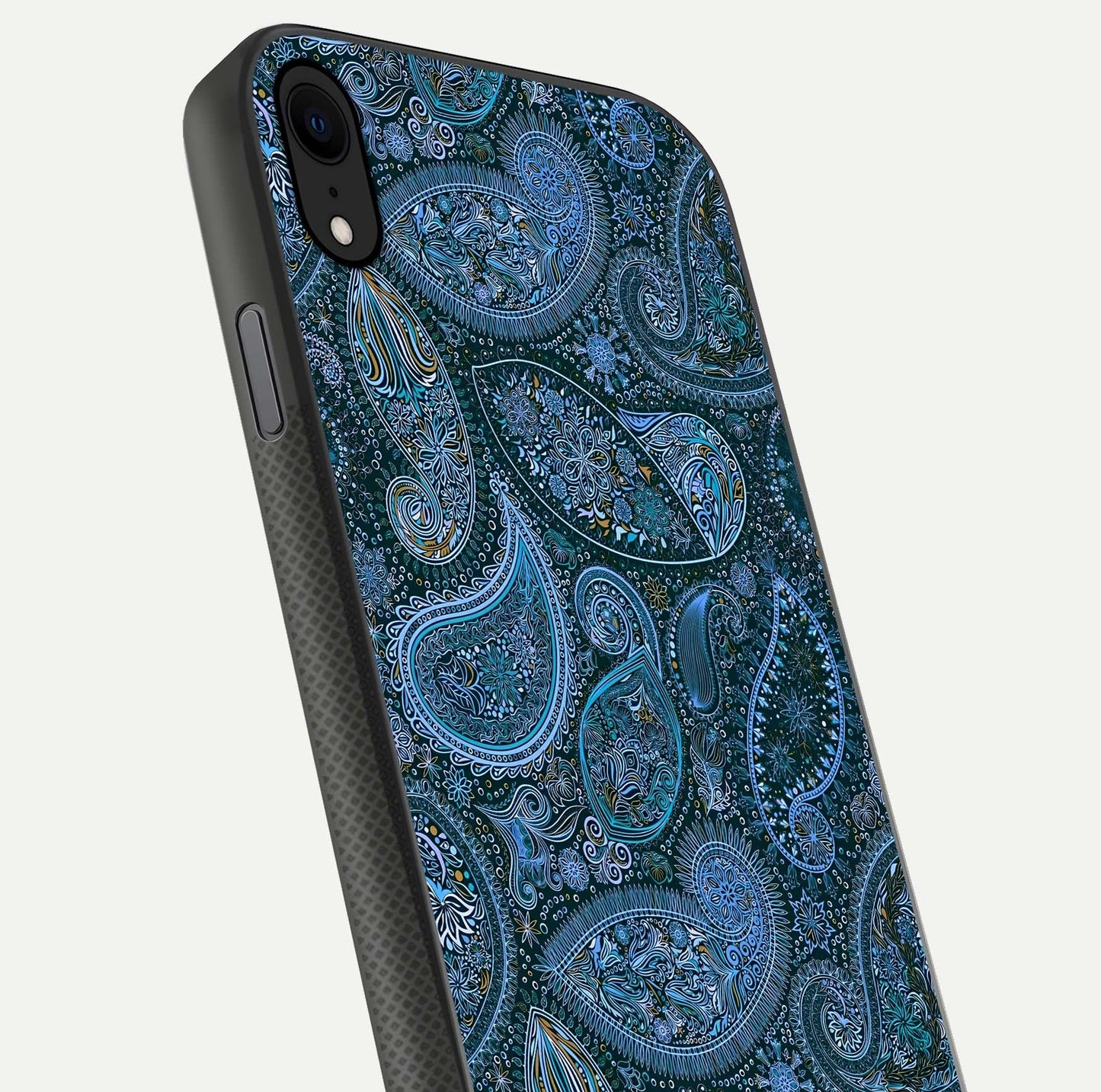 Midnight Paisley Glow Glass Case for iPhone X close-up angled shot showing floral details and gloss texture