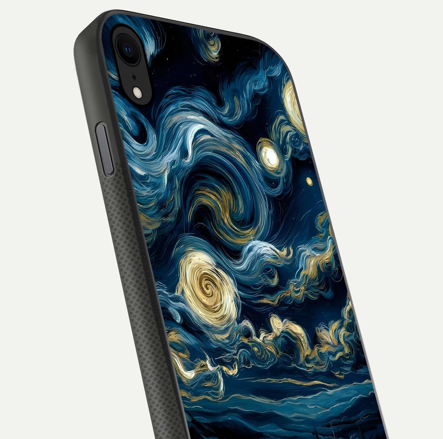 Midnight Sky Whirl Glass Case for iPhone X close-up angle showing spiral design and HD gloss reflection