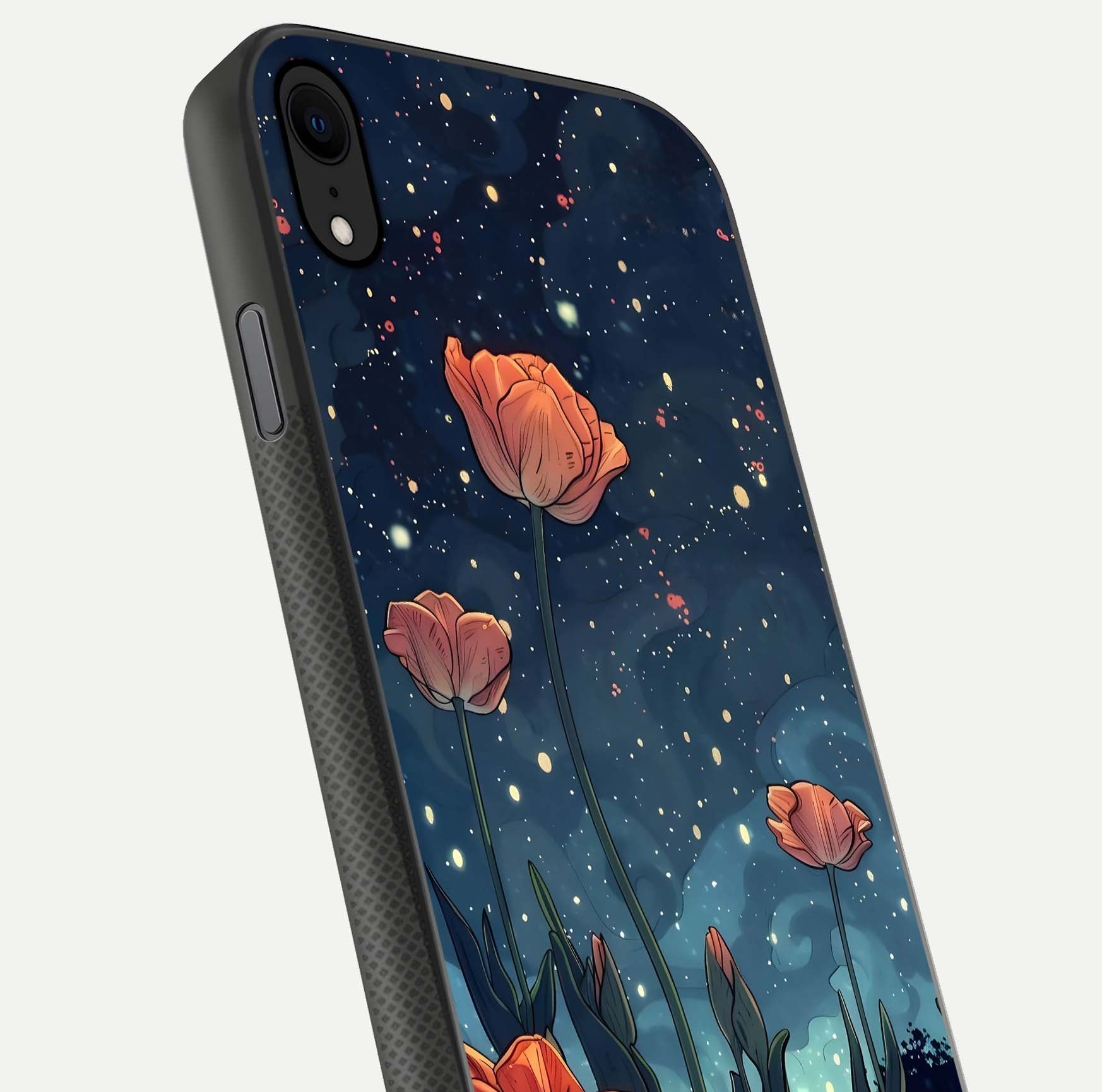 Midnight Tulip Glow Glass Case for iPhone X close-up angled shot showing petal details and reflection glow