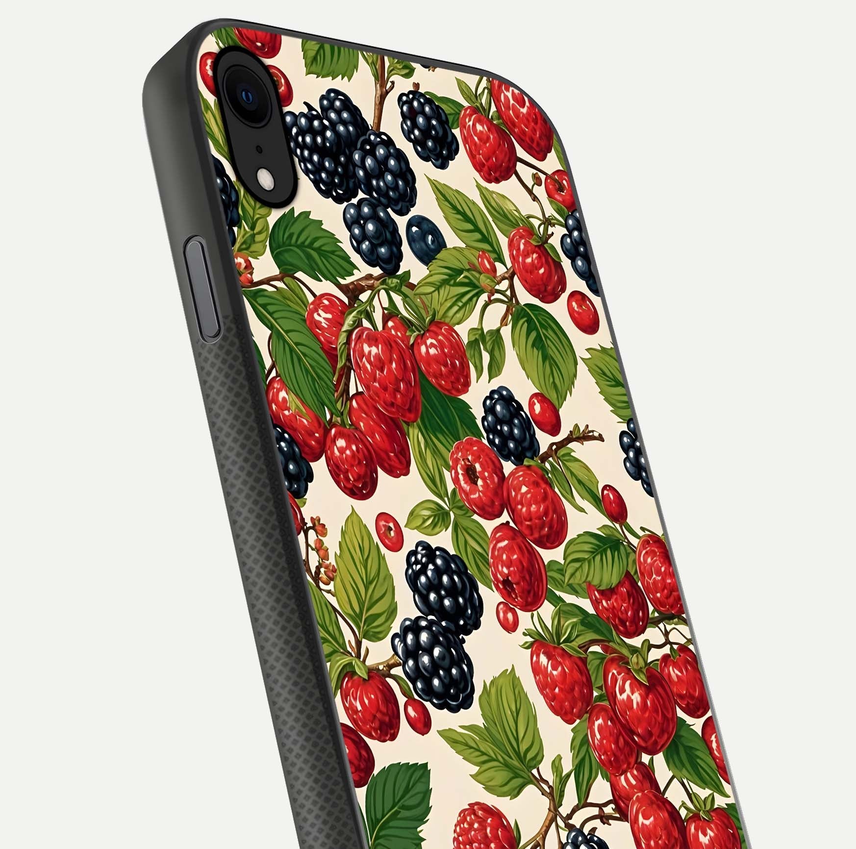 Mixed Berry Collage Glass Case for iPhone X close-up angled shot showing fruit detail and reflection glow