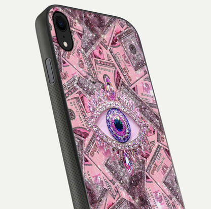 Money Eye Luxe Glass Case for iPhone X close-up angled shot showing gold detailing and reflection shine