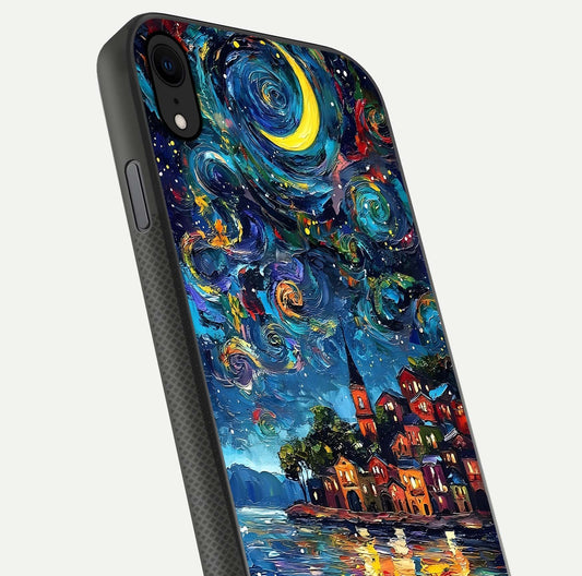 Moonlight Harbor Glow Glass Case for iPhone X close-up angled shot showing reflection and moonlight glow