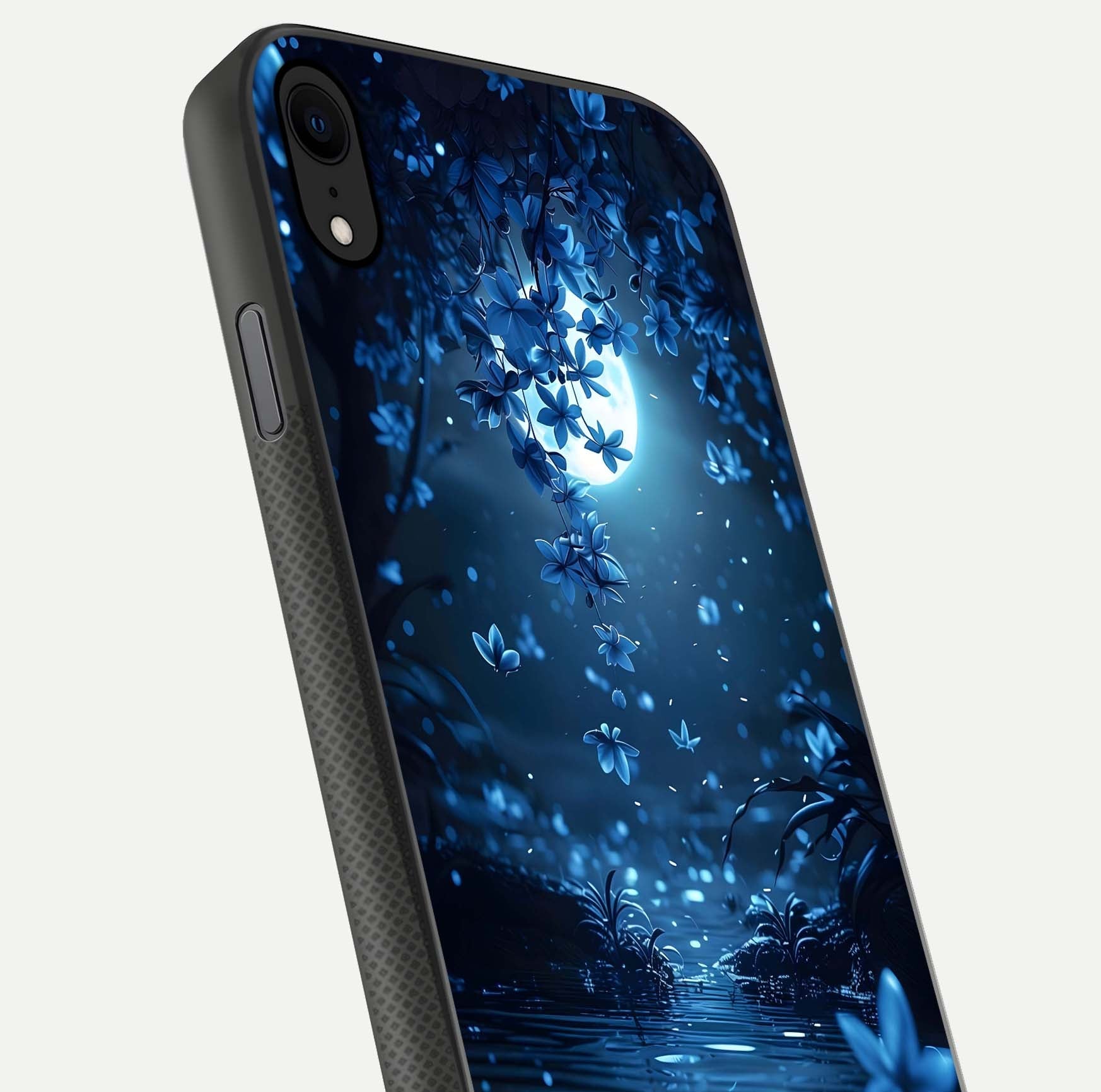 Moonlight Petal Dream Glass Case for iPhone X close-up angled shot showing petal reflection and glow texture