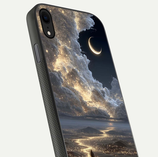 Moonlight Spark Path Glass Case for iPhone X close-up angled shot showing glowing stars and reflection