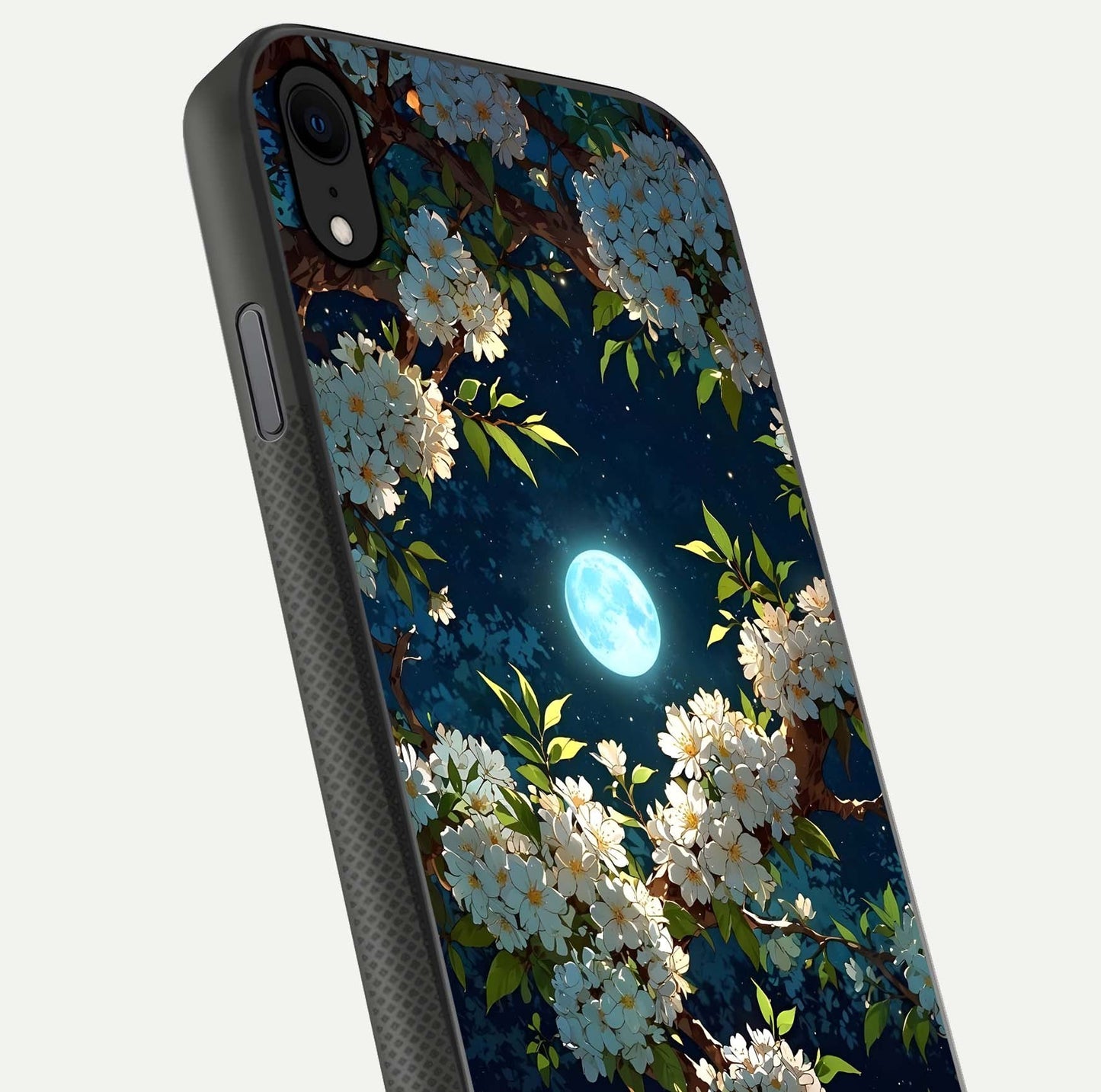 Moonlit Blossom Dream Glass Case for iPhone X close-up angled shot showing glowing petals and reflection