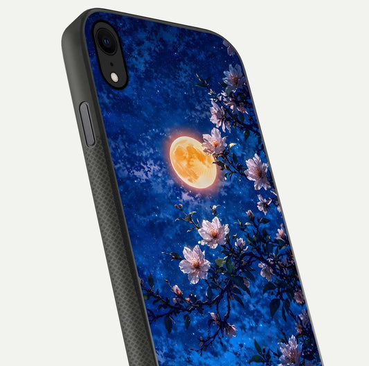 Moonlit Blossoms Night Glass Case for iPhone X close-up angled shot showing petal glow and reflection detail