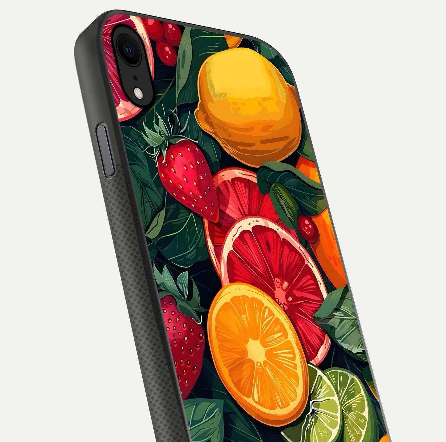 Multiple Fruits Glass Case for iPhone X close-up angled shot showing fruit texture and HD gloss shine