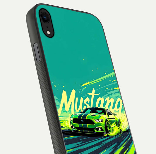 Mustang Bang Glass Case for iPhone X close-up angled shot showing car emblem and HD reflection