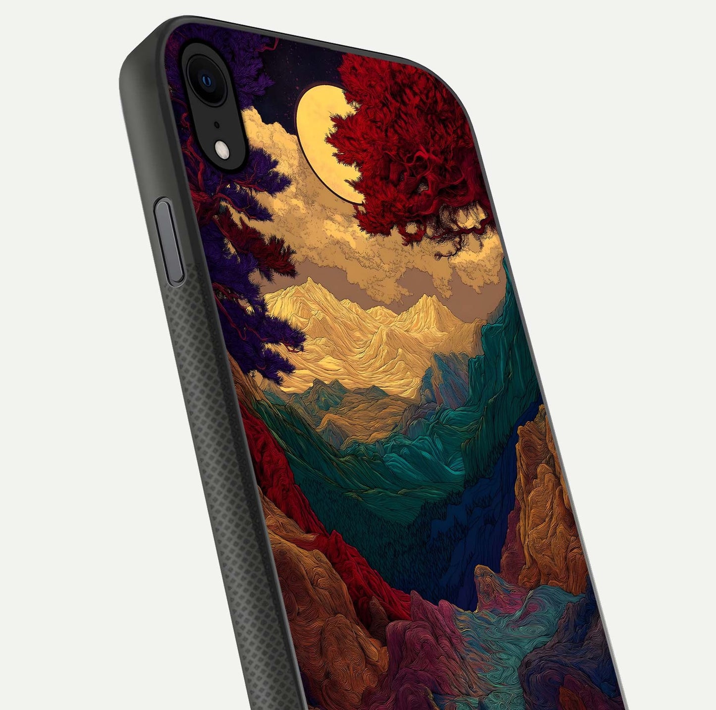 Mystic Valley Light Glass Case for iPhone X close-up angled shot highlighting gradient sky and reflection