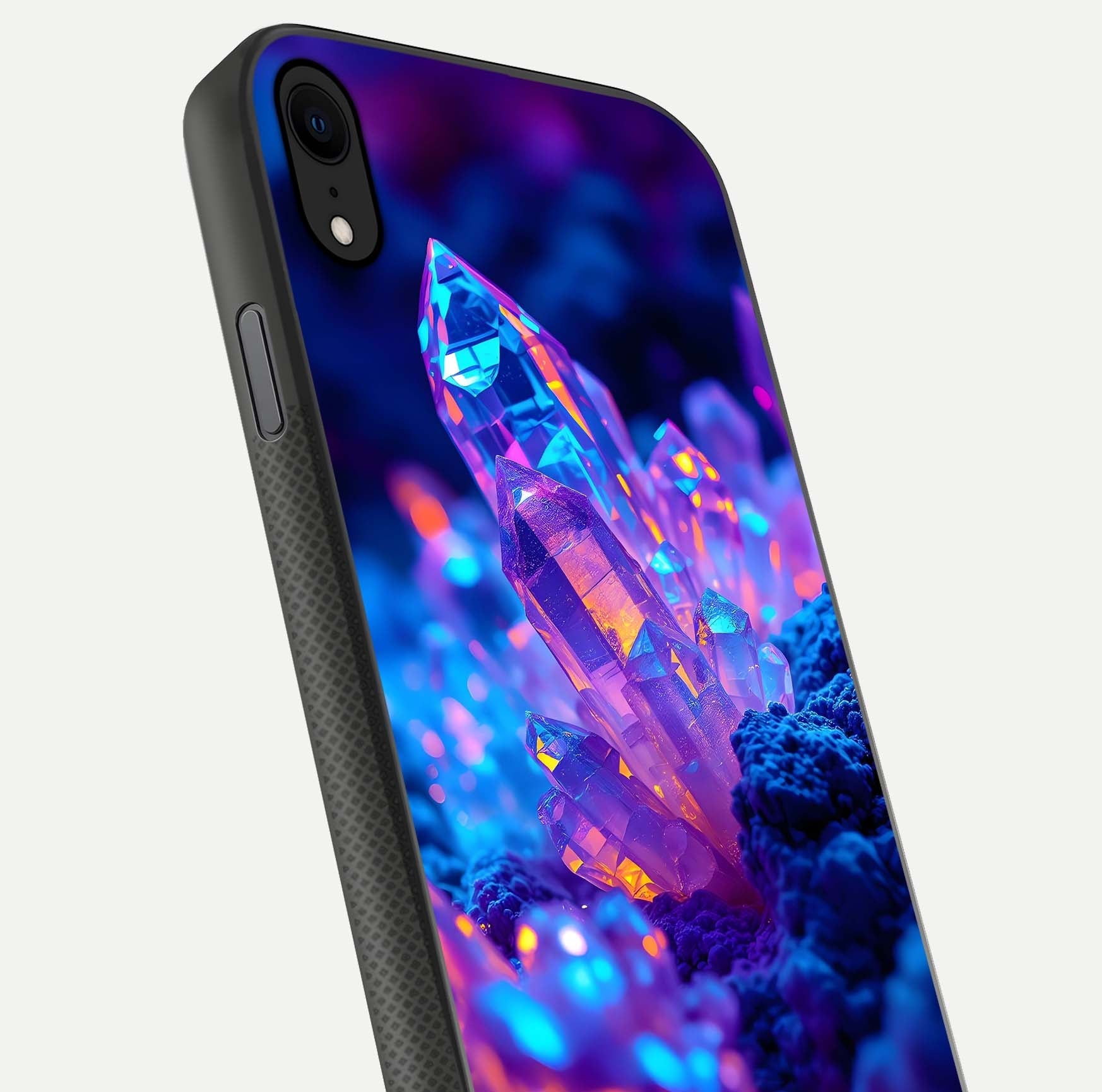 Neon Aura Shards Glass Case for iPhone X close-up angled shot highlighting fragment pattern and reflection