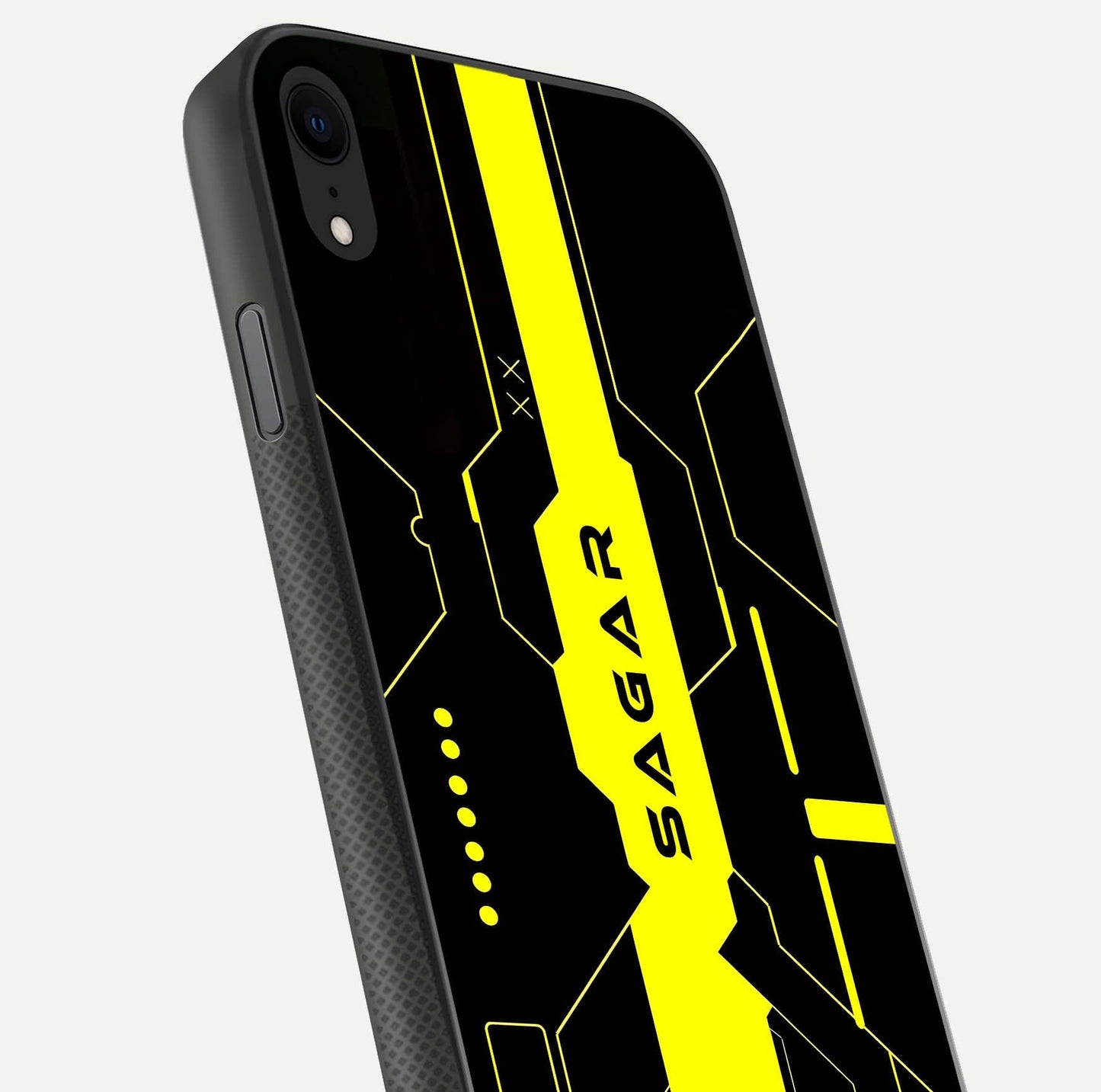 Neon CYBERPUNK Custom Name Glass Case for iPhone X close-up angled shot highlighting electric colors and reflection