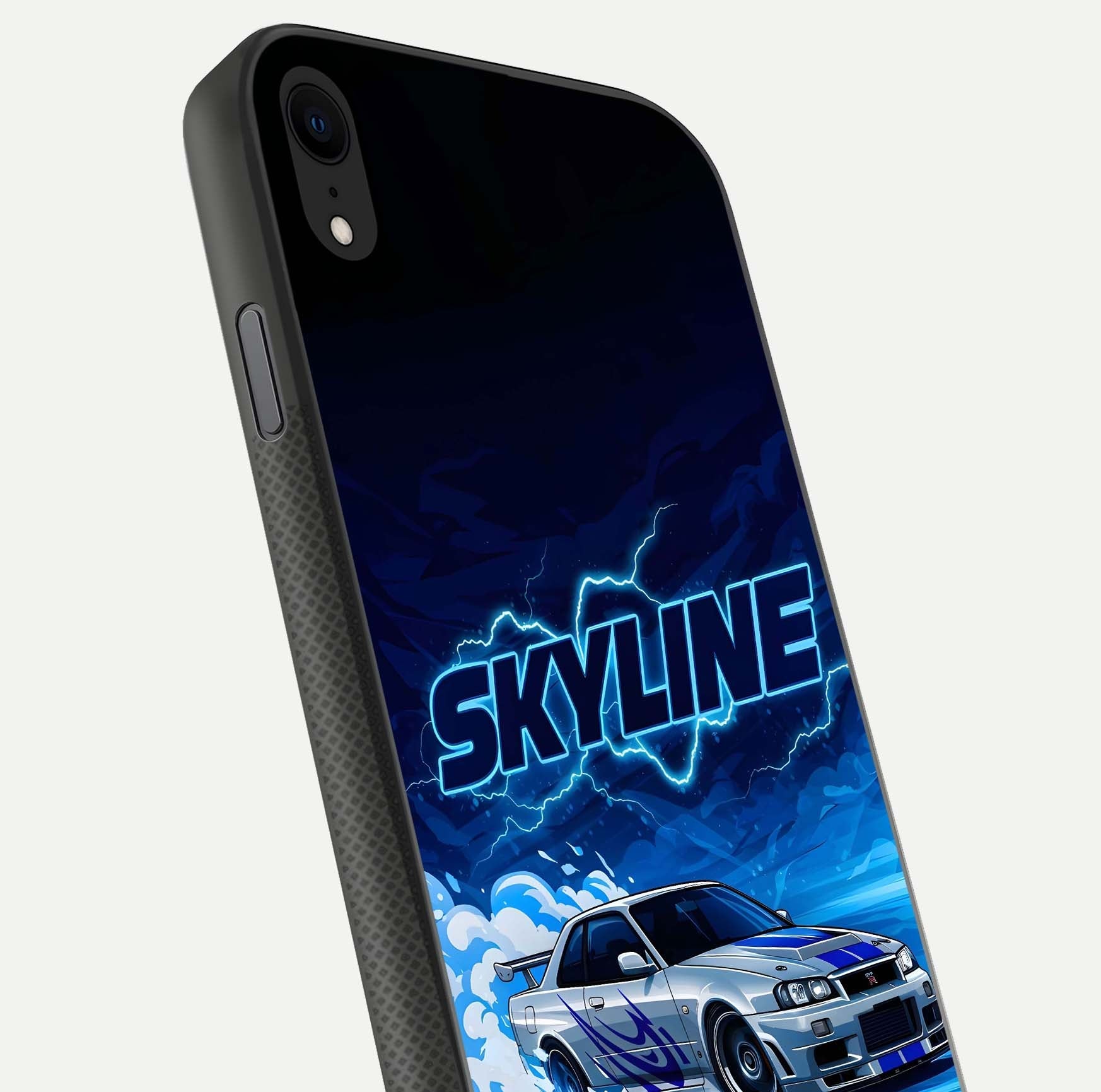 Neon Drift Beast Glass Case for iPhone X close-up angled shot highlighting glowing streaks and vivid reflection