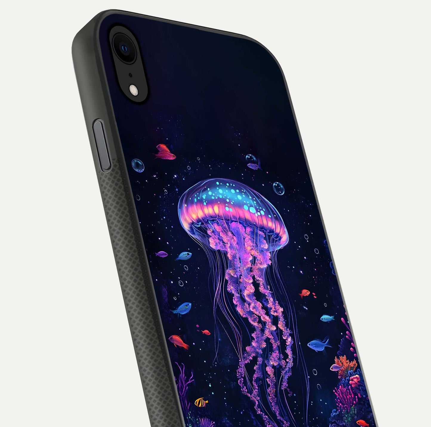 Neon Jellyfish Glass Case for iPhone X close-up angled shot showing translucent jellyfish and shine reflection