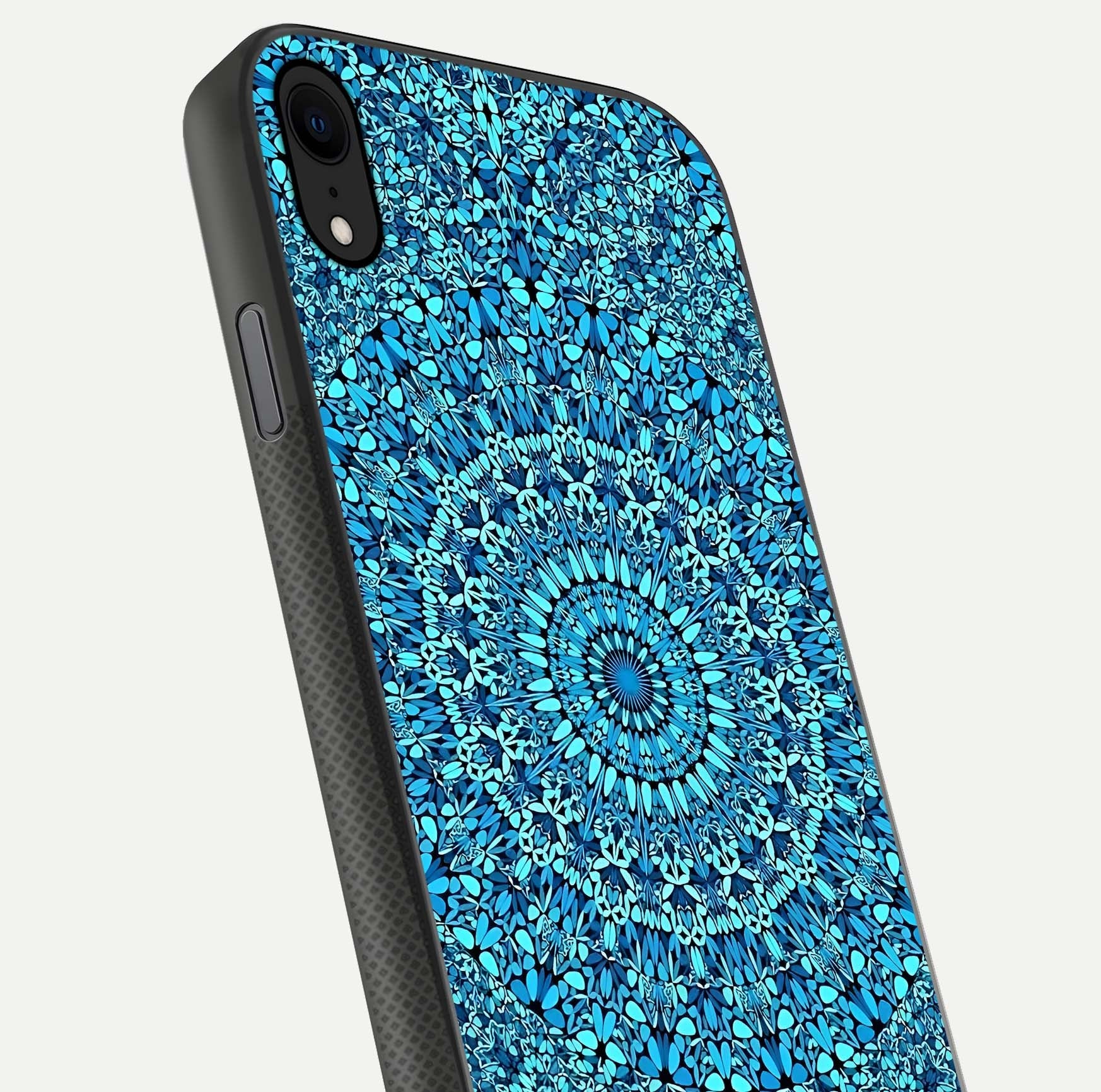 Ocean Bloom Mandala Glass Case for iPhone X close-up angled shot highlighting detailed mandala and reflection