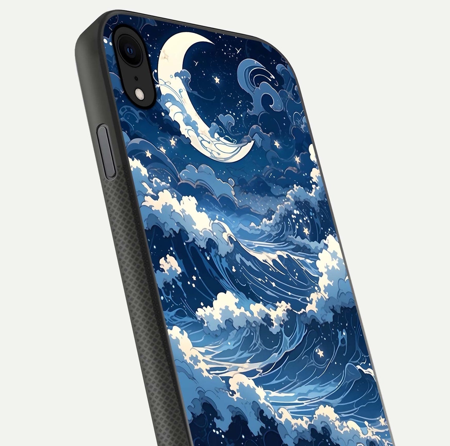 Ocean Moon Waves Glass Case for iPhone X close-up angled shot showing HD reflection and calm tones