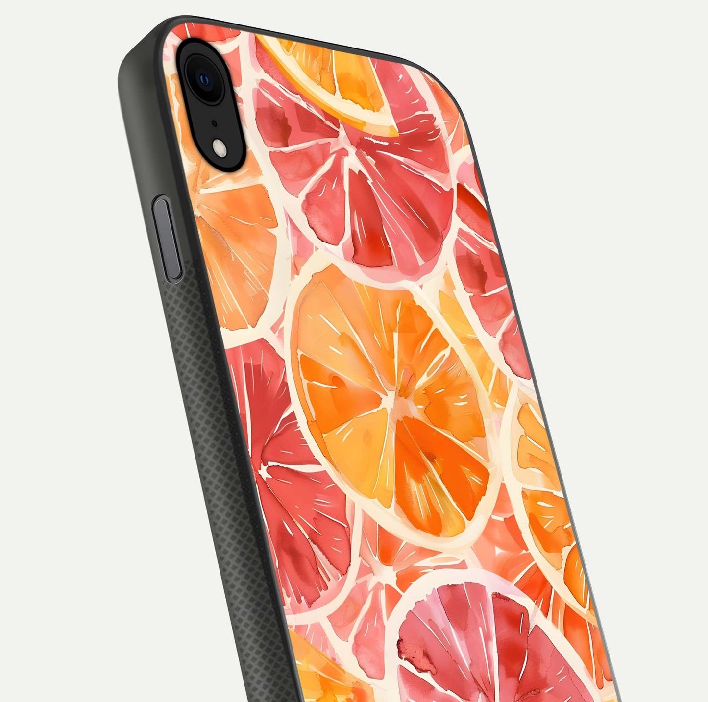 Orange Fruits Pattern Glass Case for iPhone X close-up angled shot showing juicy fruit texture and reflection