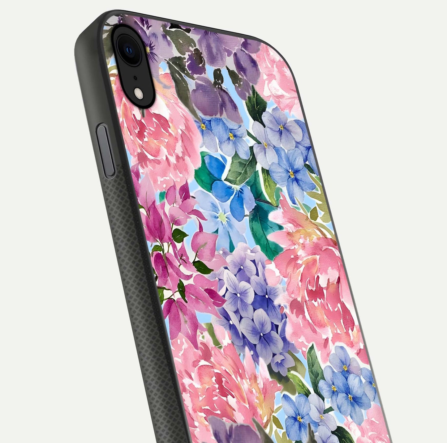 Pastel Floral Mix Glass Case for iPhone X close-up angled shot highlighting flower detail and reflection