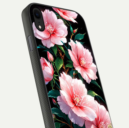 Peach Flower Glass Case for iPhone X close-up angled shot highlighting floral petals and HD glass reflection