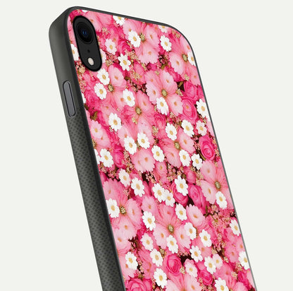 Pink Daisy Bliss Glass Case for iPhone X close-up angled shot highlighting daisy detail and reflection glow