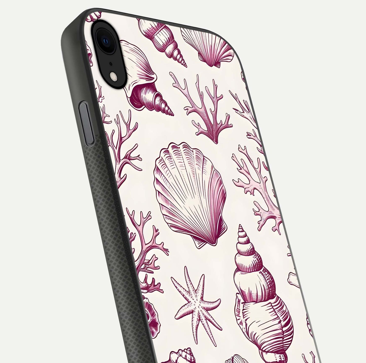 Pink Shells Outline Glass Case for iPhone X close-up angled shot showing fine shell lines and reflection
