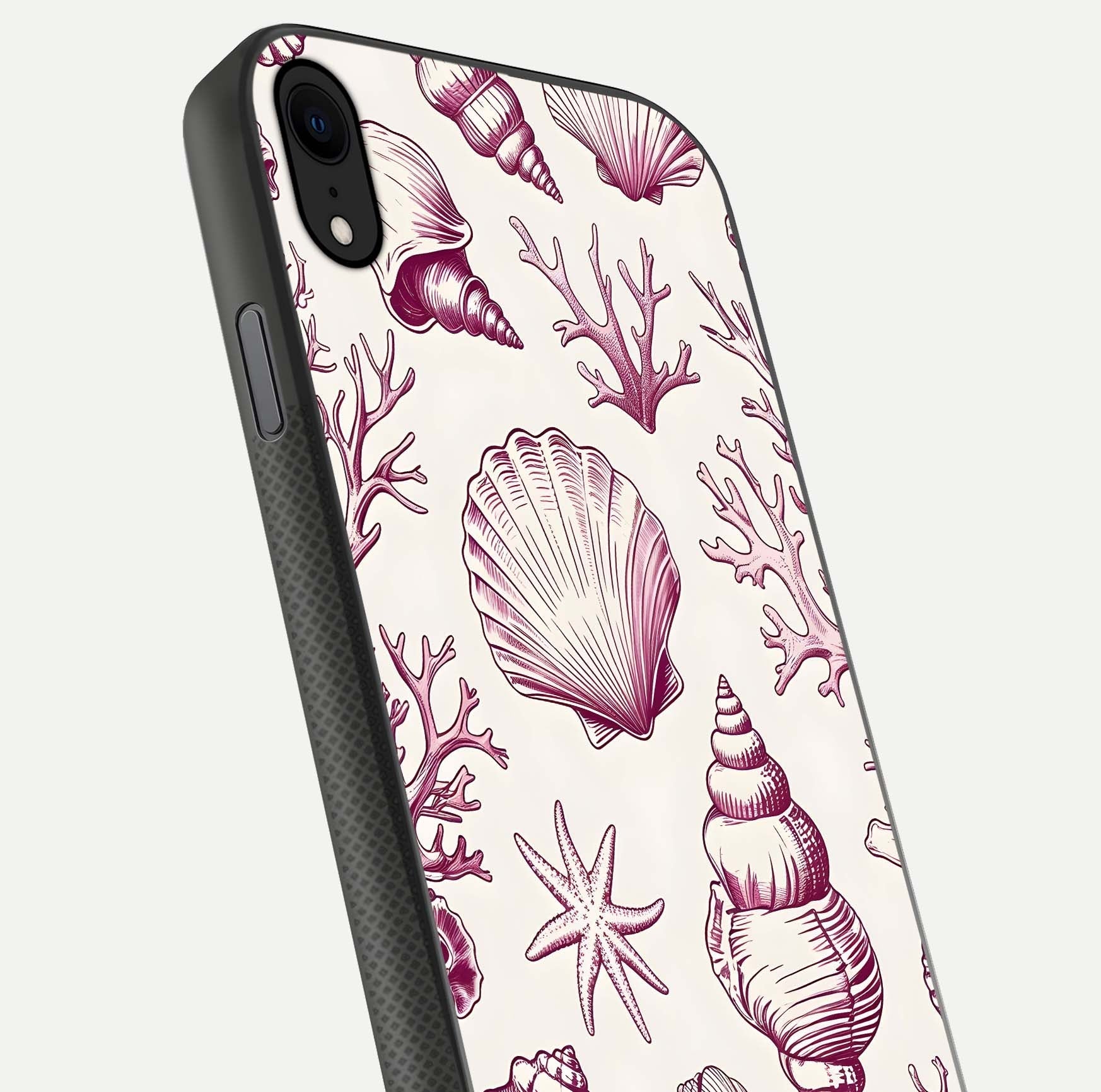 Pink Shells Outline Glass Case for iPhone X close-up angled shot showing fine shell lines and reflection