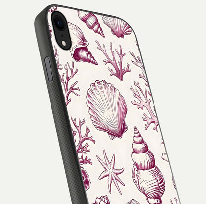 Pink Shells Outline Glass Case for iPhone X close-up angled shot showing fine shell lines and reflection